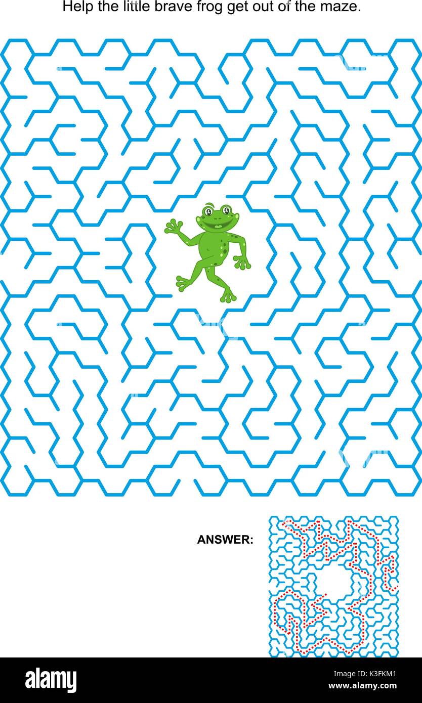 Gioco labirinto o pagina di attività: aiutare la piccola rana coraggiosi uscire dal labirinto. risposta inclusa. Illustrazione Vettoriale