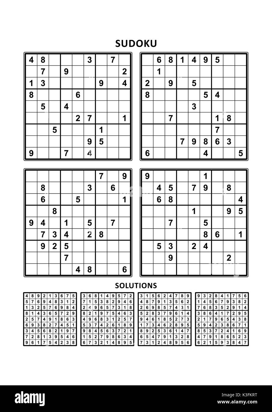 Quattro puzzle di sudoku di confortevoli (facile, ma ancora non molto facile) livello adatto per grandi libri di stampa, incluse le risposte. Set 5. Illustrazione Vettoriale