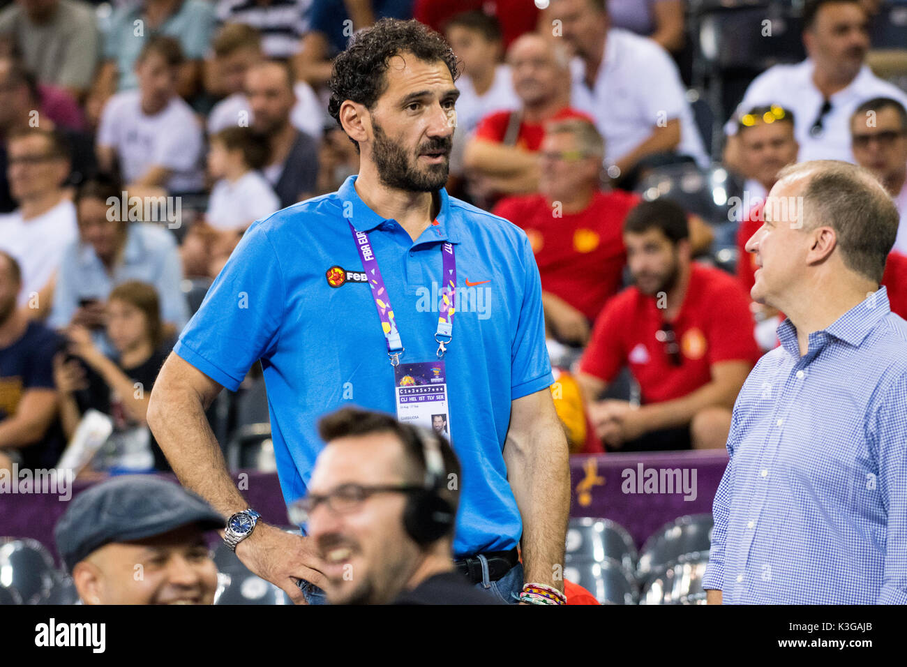 1 Settembre 2017: Jorge Garbajosa - il presidente del Basket spagnolo russa durante la FIBA Eurobasket 2017 - Gruppo C, gioco tra la Spagna e il Montenegro presso la sala polivalente, Cluj-Napoca, Romania ROU. Foto: Cronos Foto Stock