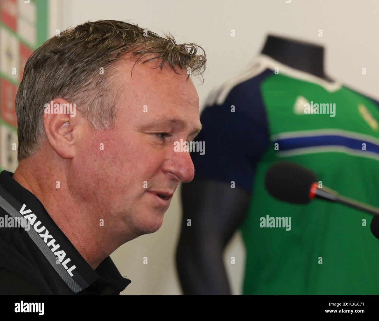 Stadio Nazionale al Windsor Park di Belfast, Irlanda del Nord. 03 settembre 2017. Irlanda del Nord manager Michael O'Neill a oggi la conferenza stampa. Irlanda del Nord gioca la loro key World Cup qualifier contro la Repubblica ceca domani notte. Credito : David Hunter/Alamy Live News. Foto Stock