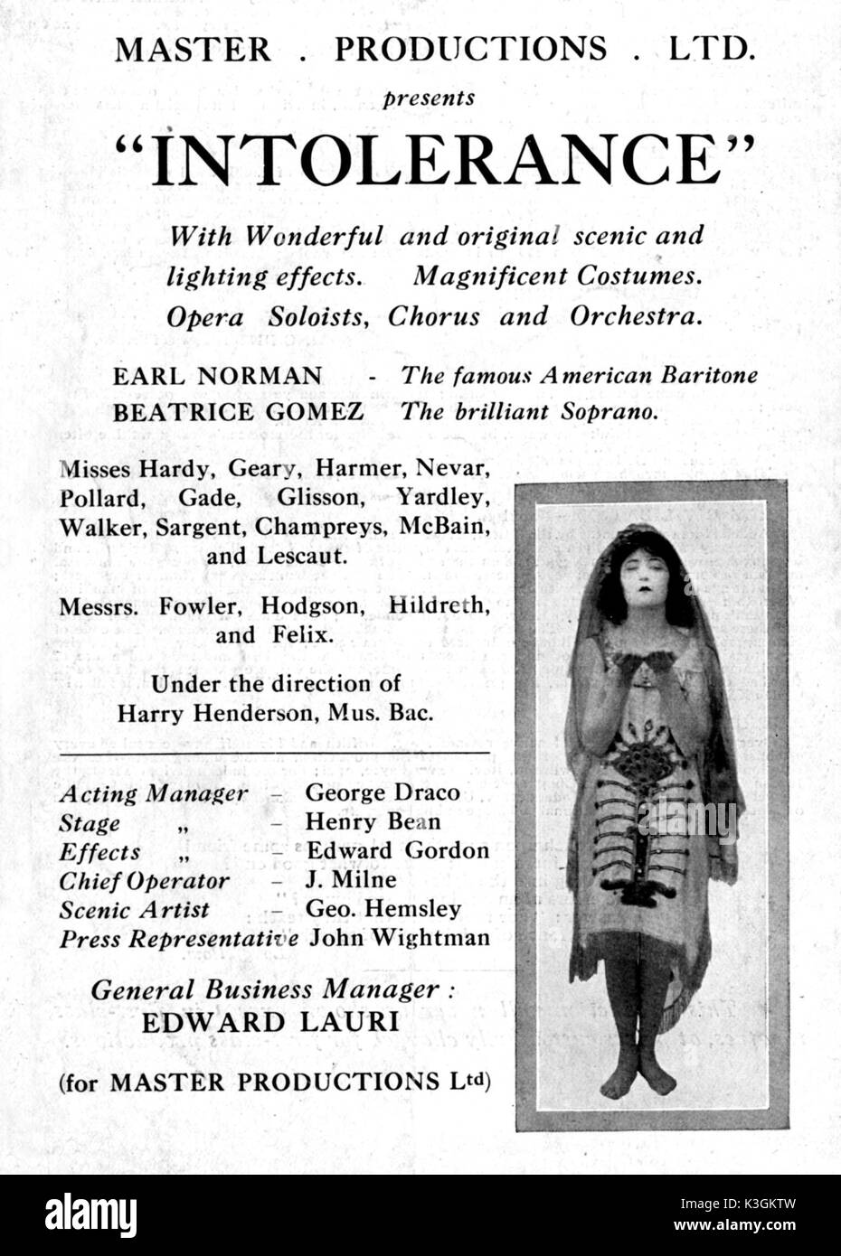 L'INTOLLERANZA SCREENING DI LONDRA NEL SETTEMBRE 1917 AL PRINCES THEATRE CON OPERA solisti, coro, orchestra intolleranza data: 1916 Foto Stock