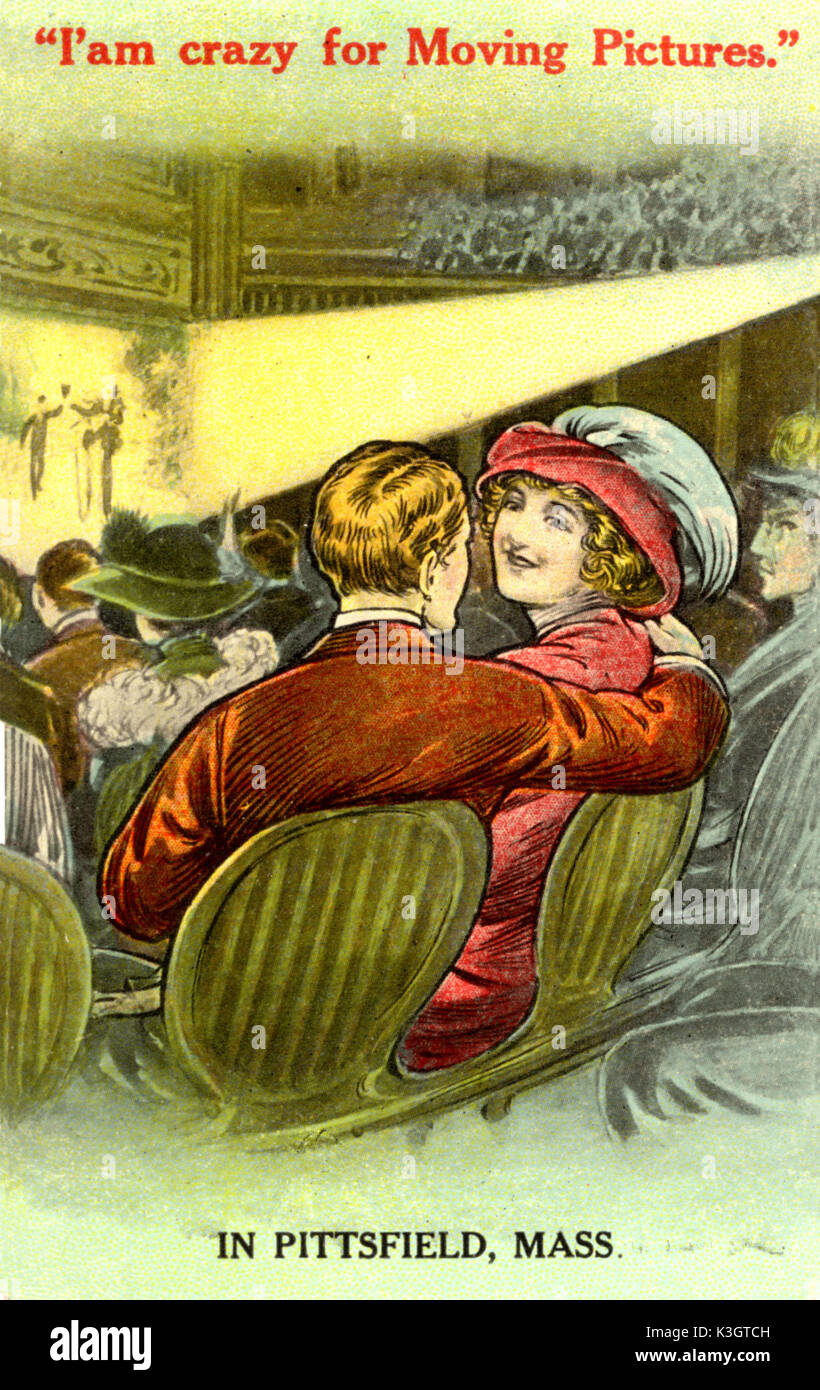 Cartolina che riflette l'interesse a vedere un film e le opportunità per le  coppie di corteggiamento 1900 Benchè la scheda si riferisce ad una  cittadina americana ed è stato progettato da una