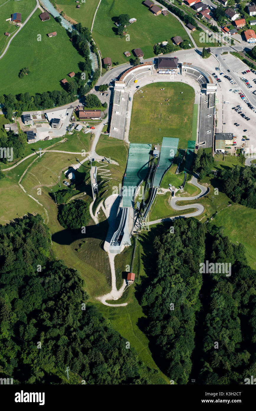 Ski stadium, Garmisch-Partenkirchen, di salto con gli sci ski jump, fotografia aerea, in Germania, in Baviera, Baviera, alpi bavaresi, Werdenfelser Land Foto Stock