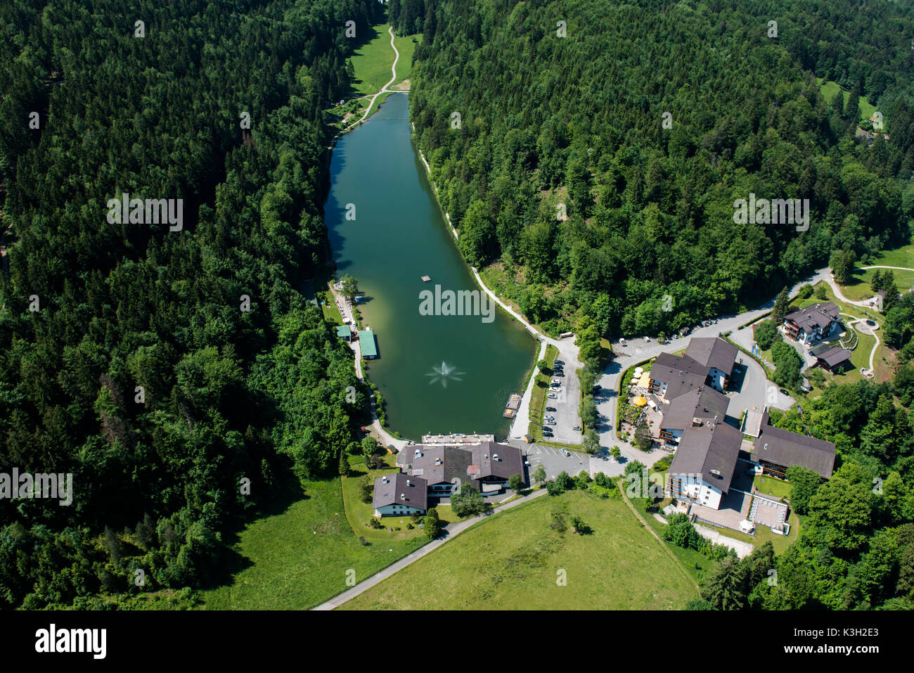 Rissersee, Risserseehotel, Garmisch-Partenkirchen, fotografia aerea, in Germania, in Baviera, Baviera, alpi bavaresi, Werdenfelser Land Foto Stock
