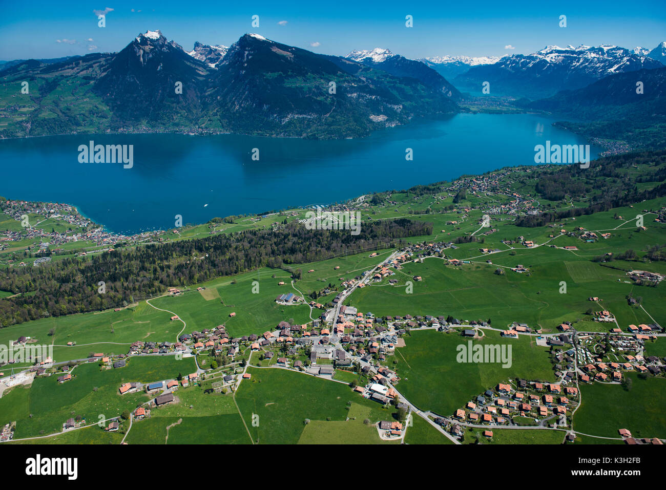 Thunersee, Aeschi a Spiez, Krattigen, fotografia aerea, bagno bay, alpi svizzere, l'Oberland Bernese, Svizzera Foto Stock