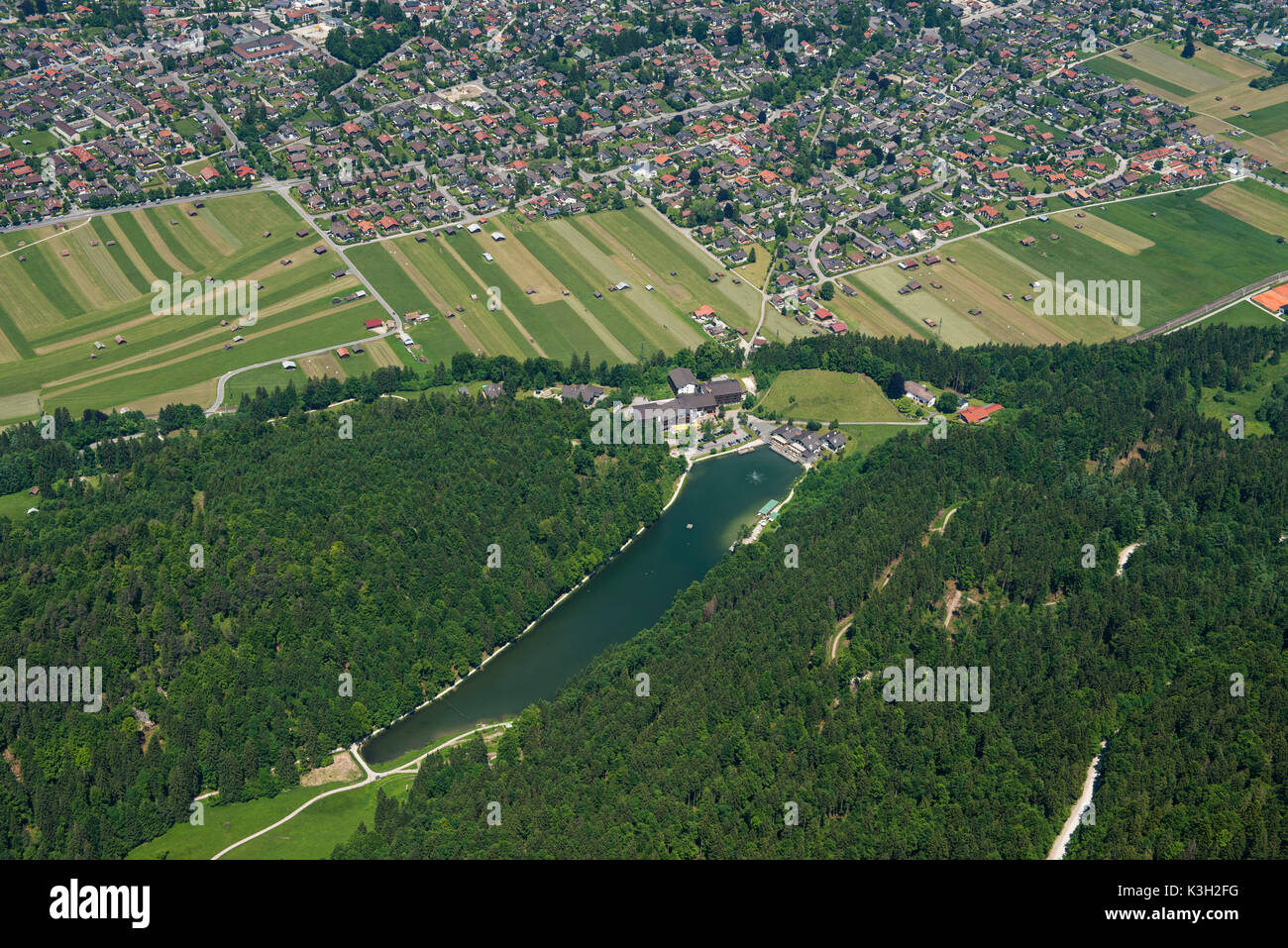 Rissersee, Risserseehotel, Garmisch-Partenkirchen, Hausberg, fotografia aerea, in Germania, in Baviera, Baviera, alpi bavaresi, Werdenfelser Land Foto Stock