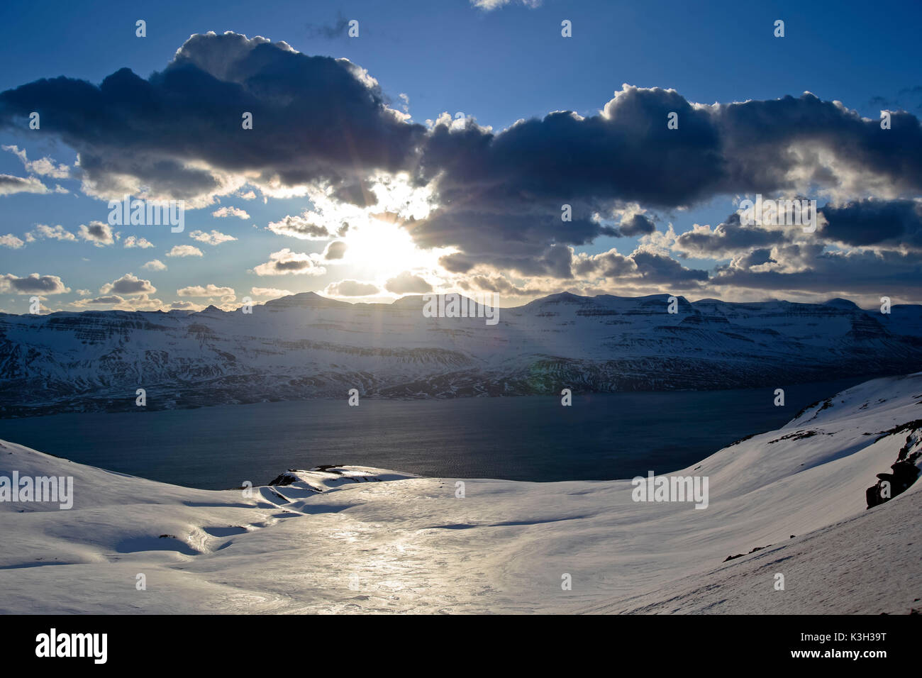 L'Islanda, Austurland, est fiordi, Islanda Orientale, vista sull'Reydarfjördur Foto Stock