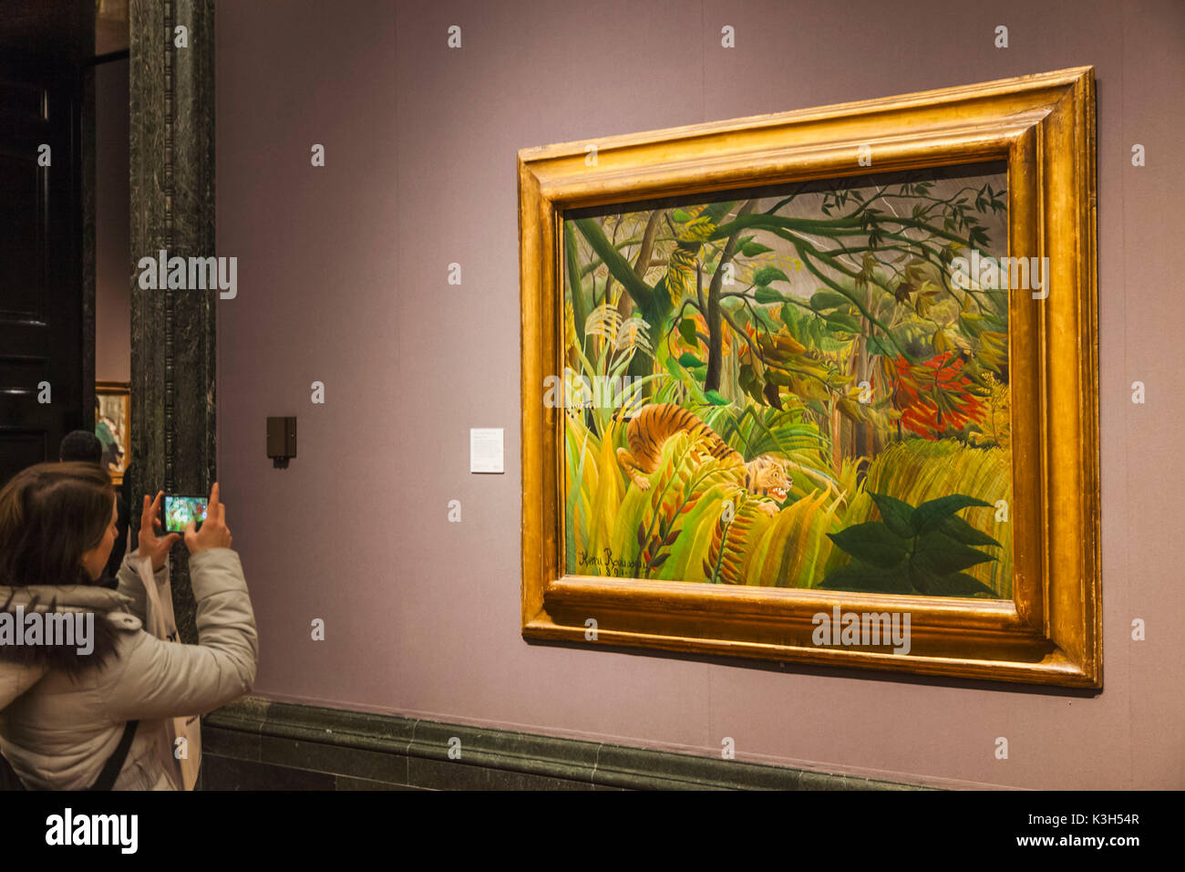 Inghilterra, Londra, Trafalgar Square, la National Gallery, Visitatore Prendere foto di 'Tiger e la tempesta tropicale" da Henri Rousseau datata 1891 Foto Stock