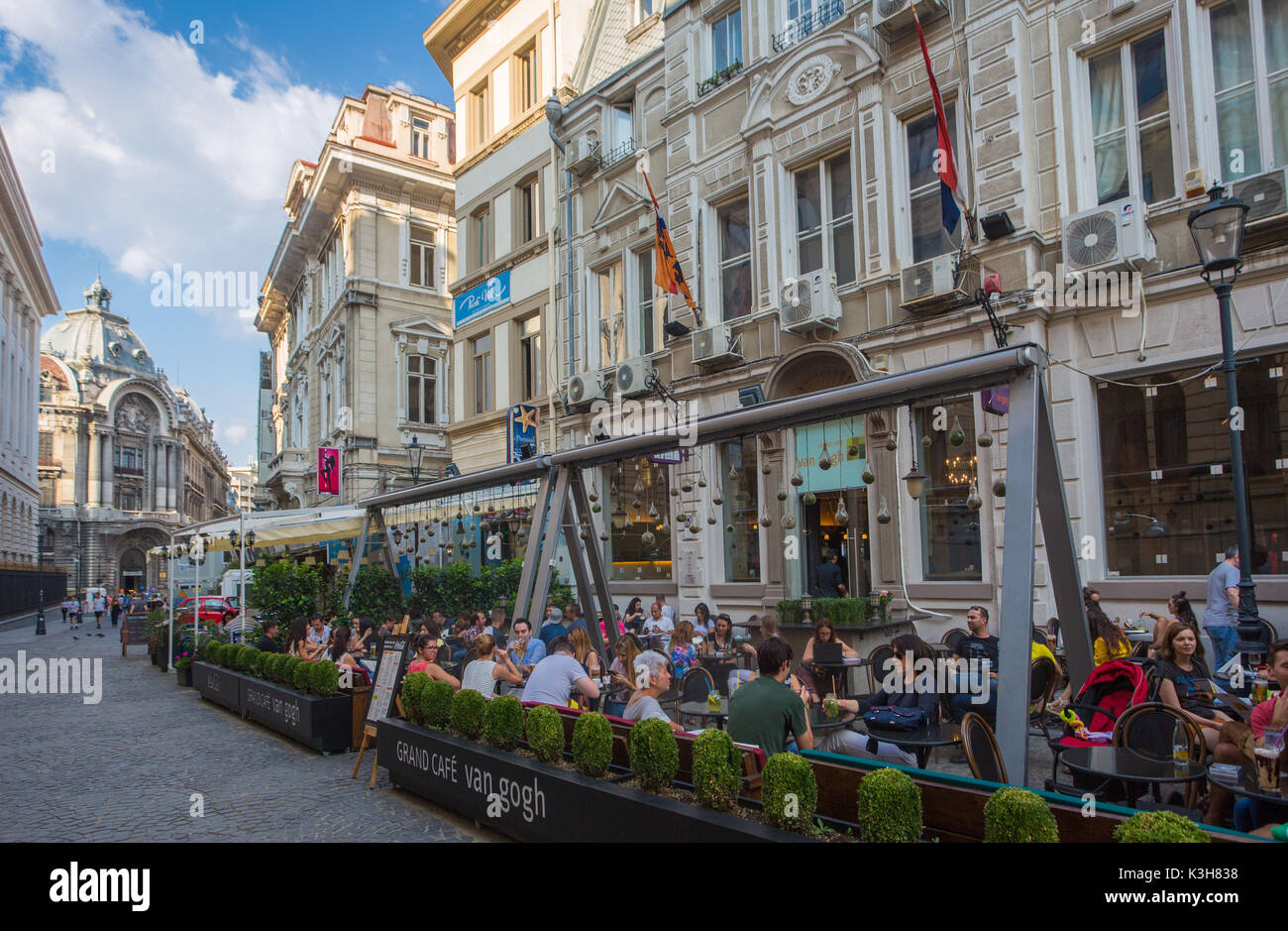 La Romania, Bucarest City, Bucarest Città Vecchia, Lipstani street terrazze Foto Stock