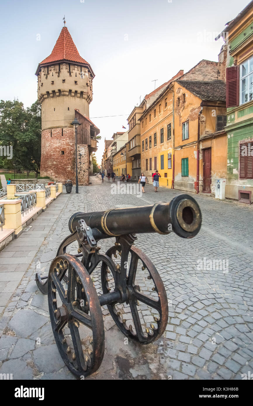 La Romania, Sibiu città, cinta di mura, Dulgherilor Tower, Canon Foto Stock
