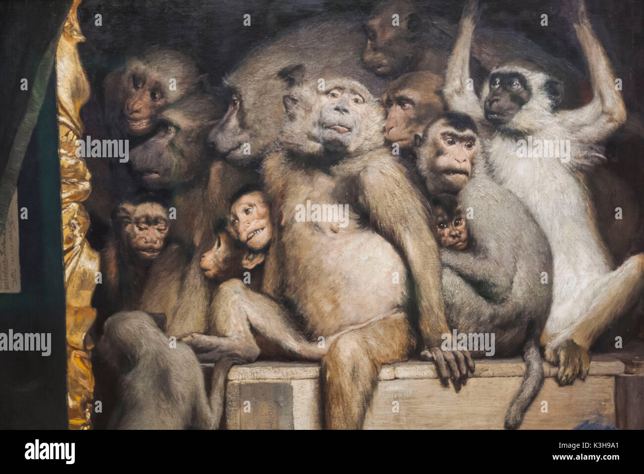 In Germania, in Baviera, Monaco di Baviera, il nuovo Museo Pinacoteca (Neue Pinakothek), la pittura di scimmie come giudici di arte (Affen Kunstrichter als) da Gabriel von Max datata 1889 Foto Stock