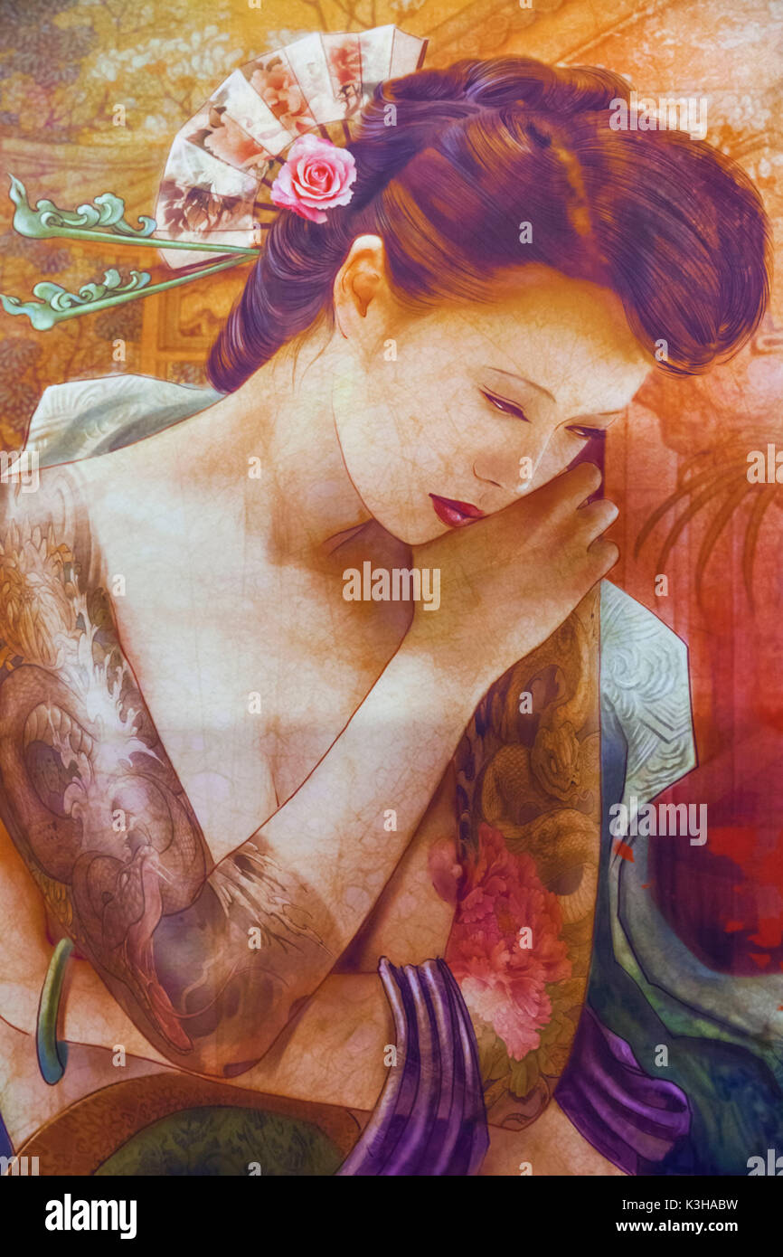 Inghilterra, London, London Tattoo Convention, Poster storico con tatuato Oriental Lady Foto Stock