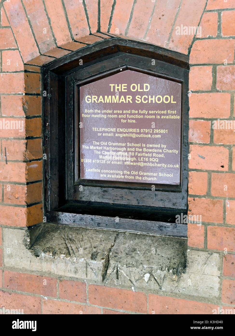 Informazioni placca, la vecchia scuola di grammatica, Market Harborough, leicestershire, England, Regno Unito Foto Stock