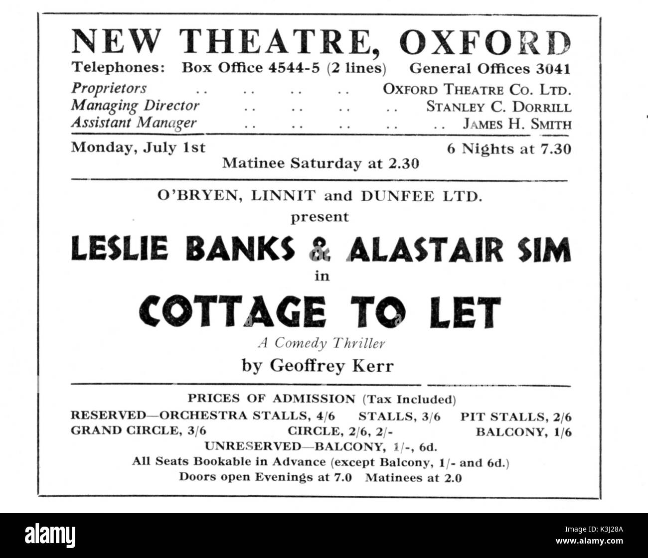 COTTAGE per lasciare che il programma di teatro, il New Theatre Oxford Foto Stock