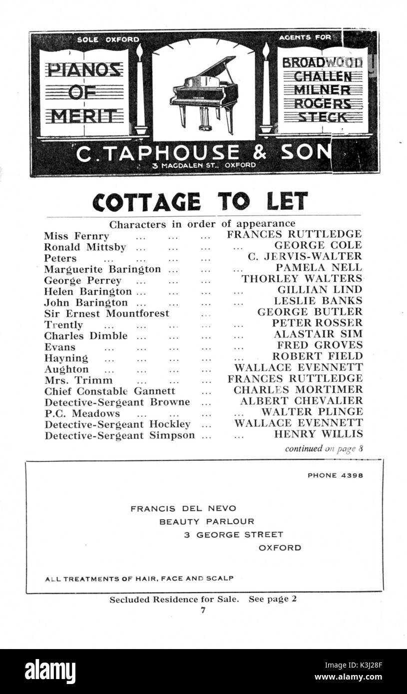 COTTAGE per lasciare che il programma di teatro, il New Theatre Oxford Foto Stock