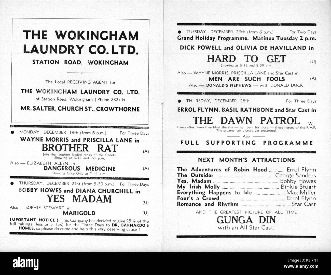 Programma per il CINEMA PLAZA CROWTHORNE dicembre, 1939 Foto Stock