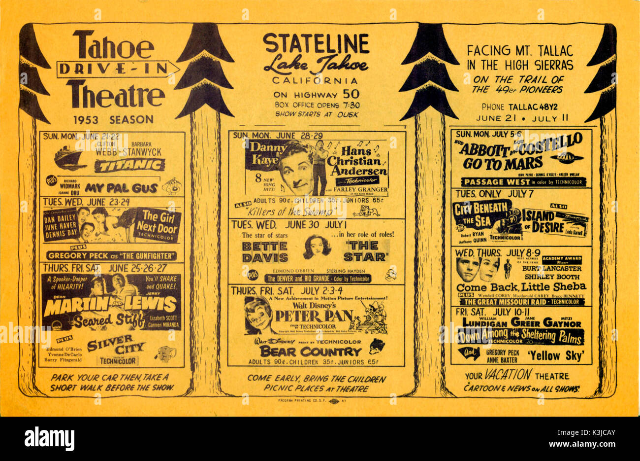 Un disco del programma di CINEMA DAL STATELINE drive-in presso il lago Tahoe, CALIFORNIA, 1953 Foto Stock