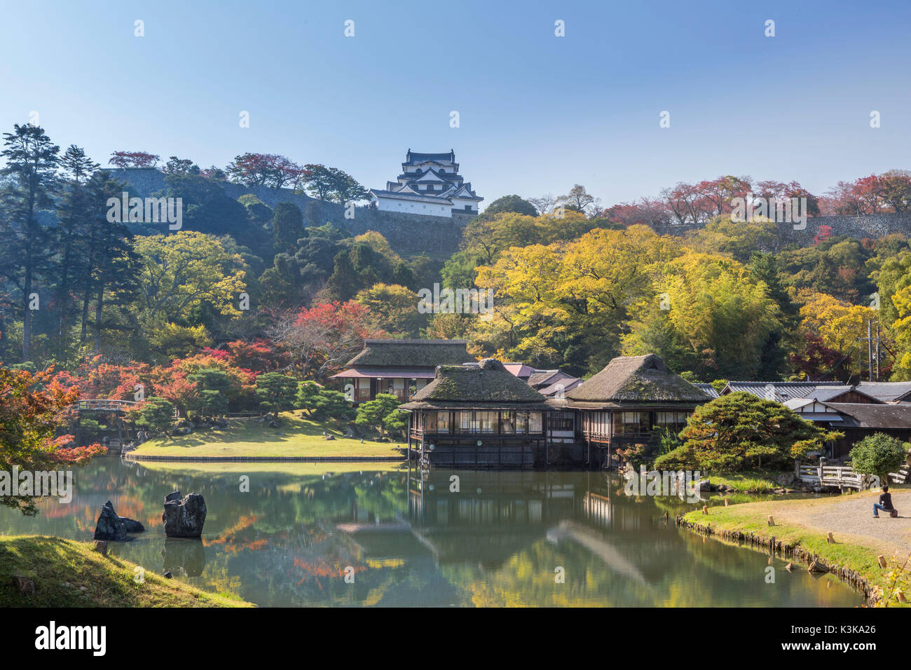 Giappone, Hikone città, castello di Hikone, Rakurako-en Garden Foto Stock