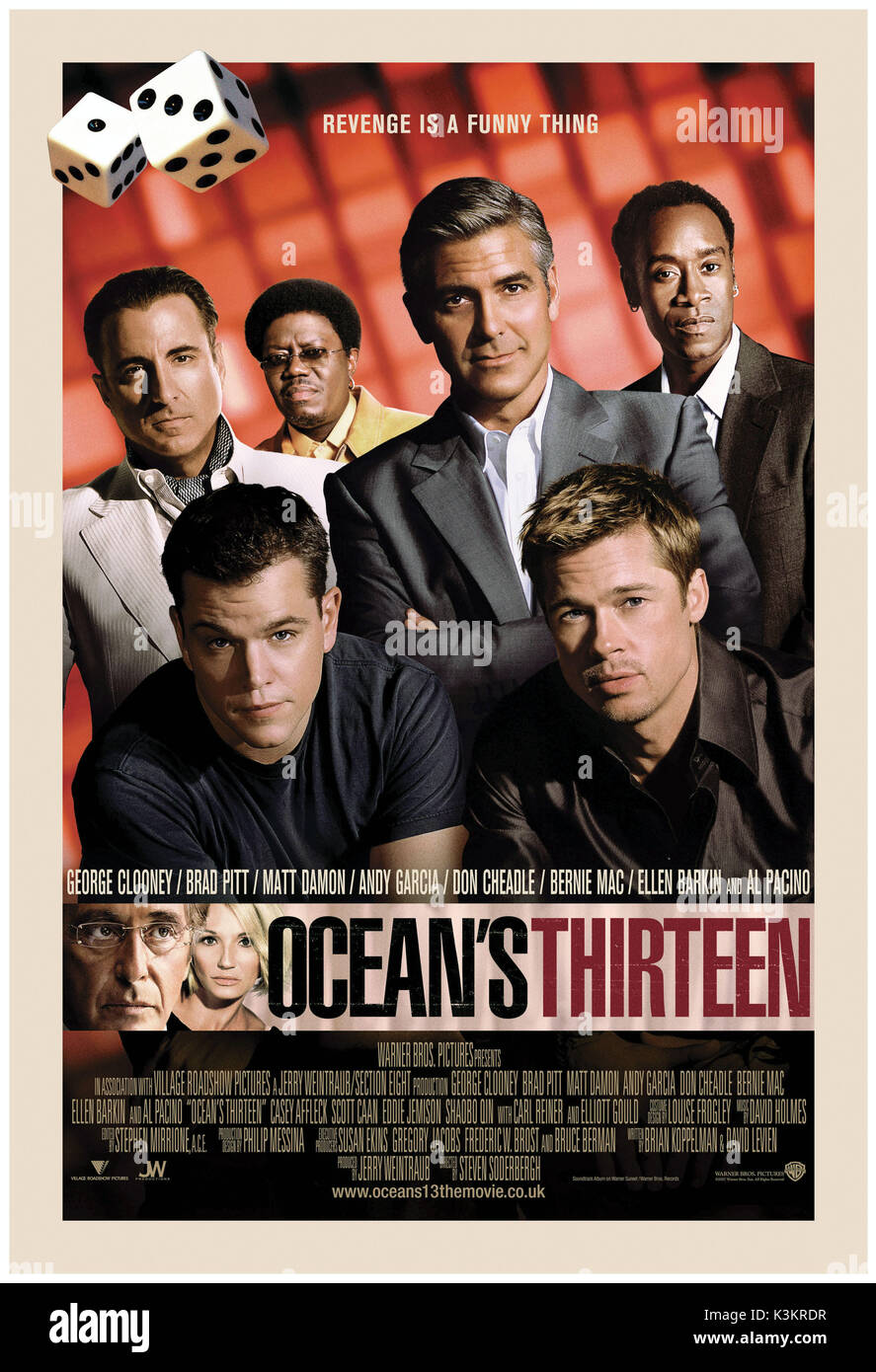 OCEAN'S tredici [US 2007] aka Ocean's 13 [L-R back] Andy Garcia, BERNIE MAC, George Clooney, Don Cheadle, [L-R anteriore] Matt Damon, BRAD PITT data: 2007 Foto Stock