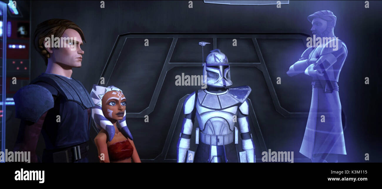 STAR WARS: The Clone Wars Anakin Skywalker e il suo allievo Padawan Ahsoka e un Clone Trooper comunicare con Obi -Wan Kenobi data: 2008 Foto Stock