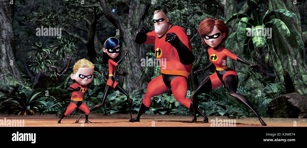 Gli incredibili [US 2004] [L-R] SPENCER FOX voci Dash Parr, SARAH VOWELL voci Violetta Parr, Craig T. Nelson voci Bob Parr / Sig. incredibile, HOLLY HUNTER voci Helen Parr Elastigirl / data: 2004 Foto Stock