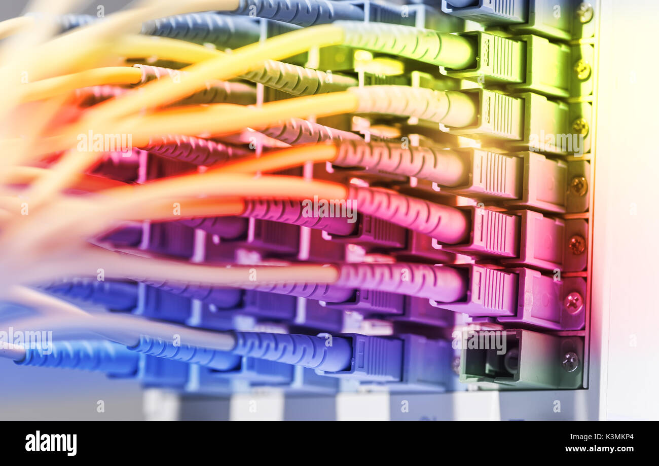Fibra ottica alle apparecchiature per la tecnologia dell'informazione nel centro dati Foto Stock