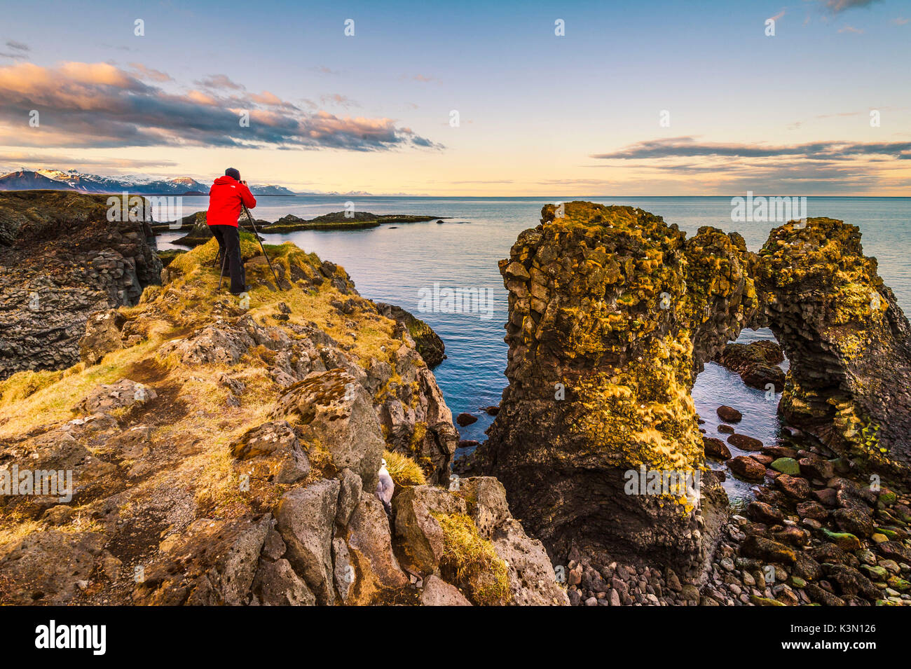 Penisola Snaefellsness, Islanda. Uomo in piedi su una formazione di roccia lungo la costa. Foto Stock