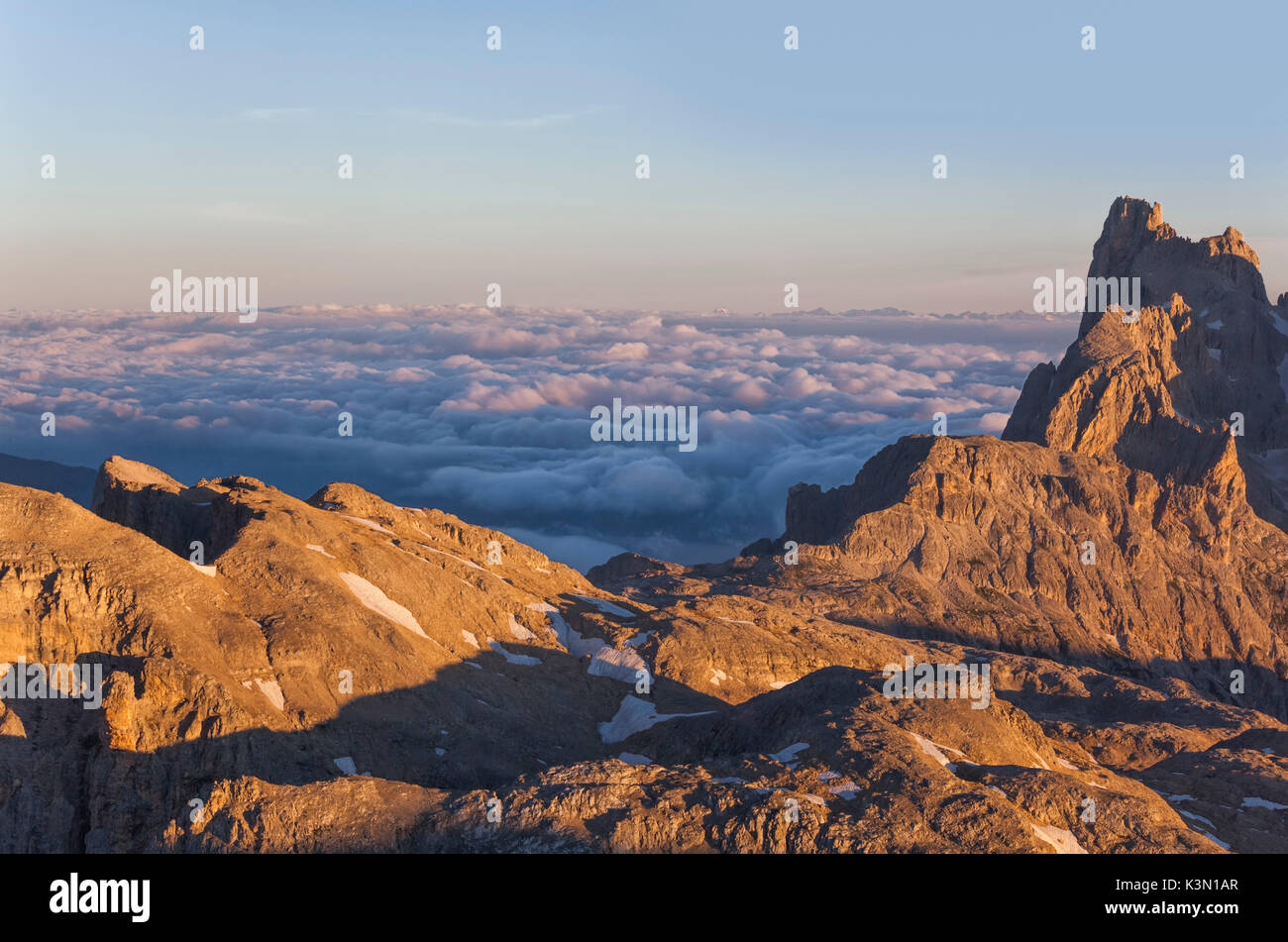 L'Europa, Italia, Trentino, Trento. Cimon della Pala, Rosetta e mare di nubi in backgroud, Pale di San Martino e Dolomiti Foto Stock