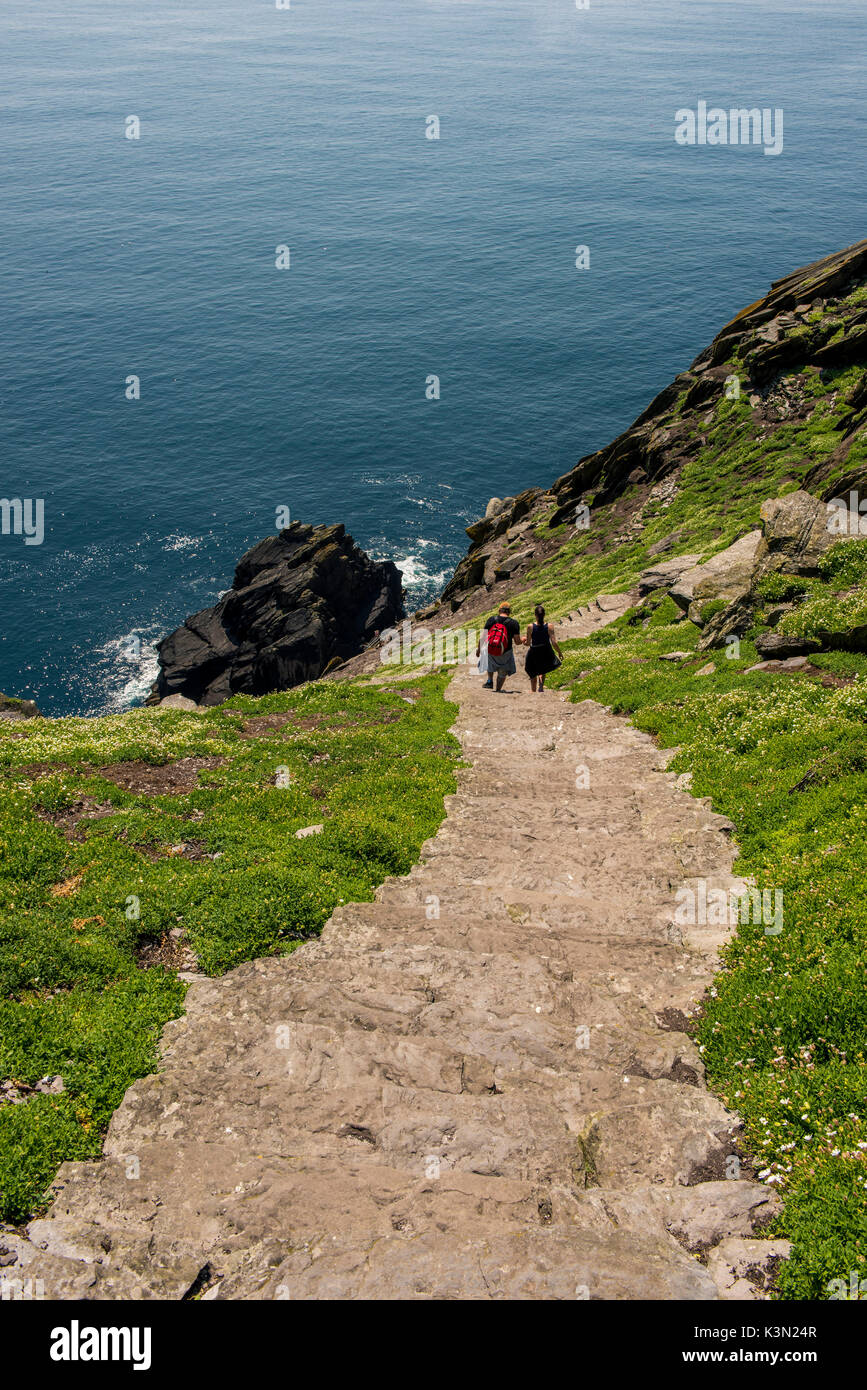 Skellig Michael (grande Skellig), Isole Skellig, nella contea di Kerry, provincia di Munster, Irlanda, Europa. I turisti salite le scale che portano al monastero. Foto Stock