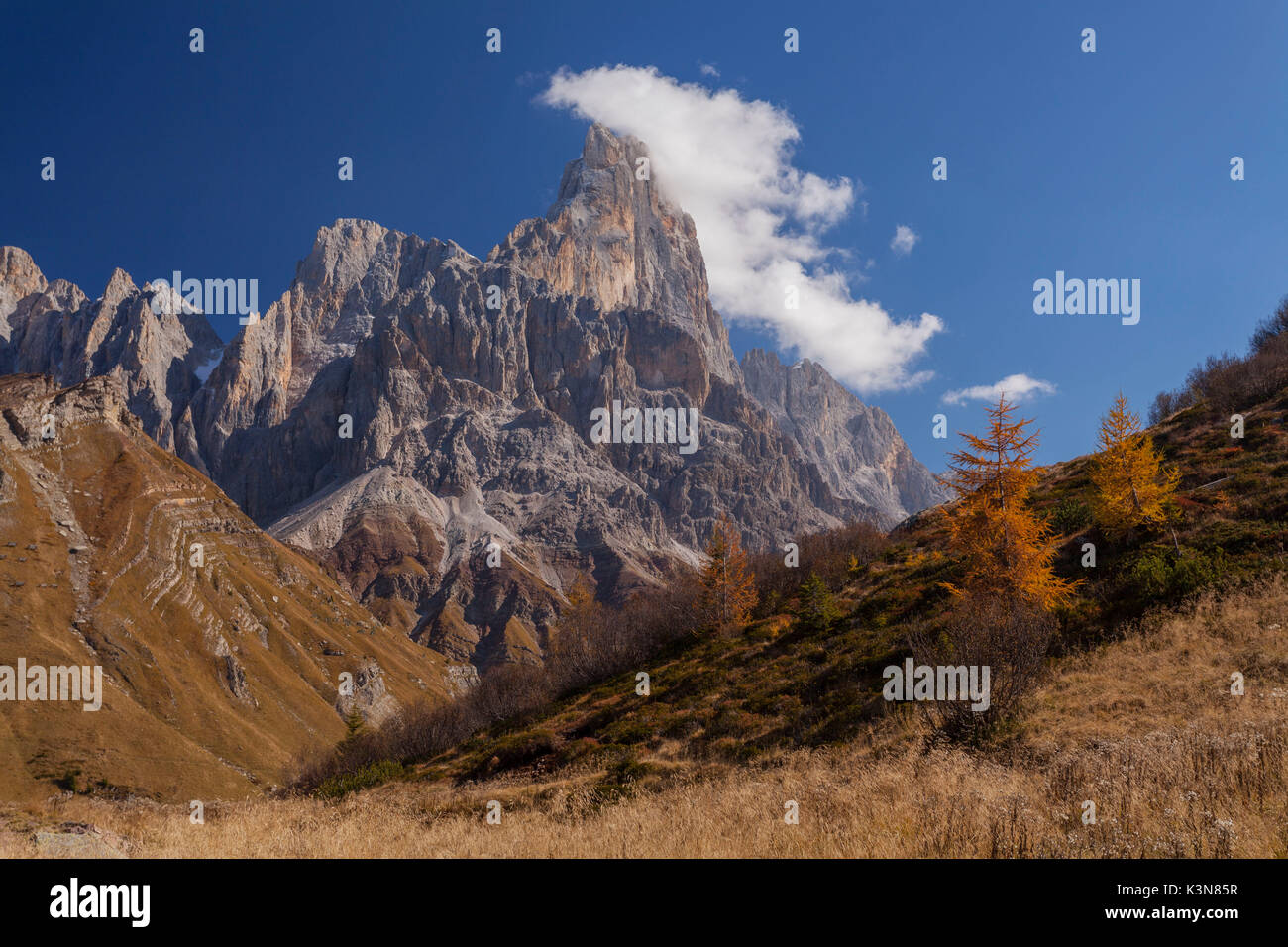 Passo Rolle, le Pale di San Martino, Dolomiti, Trentino-Alto Adige, Italia. Vista del Cimone dela Pala in autunno Foto Stock