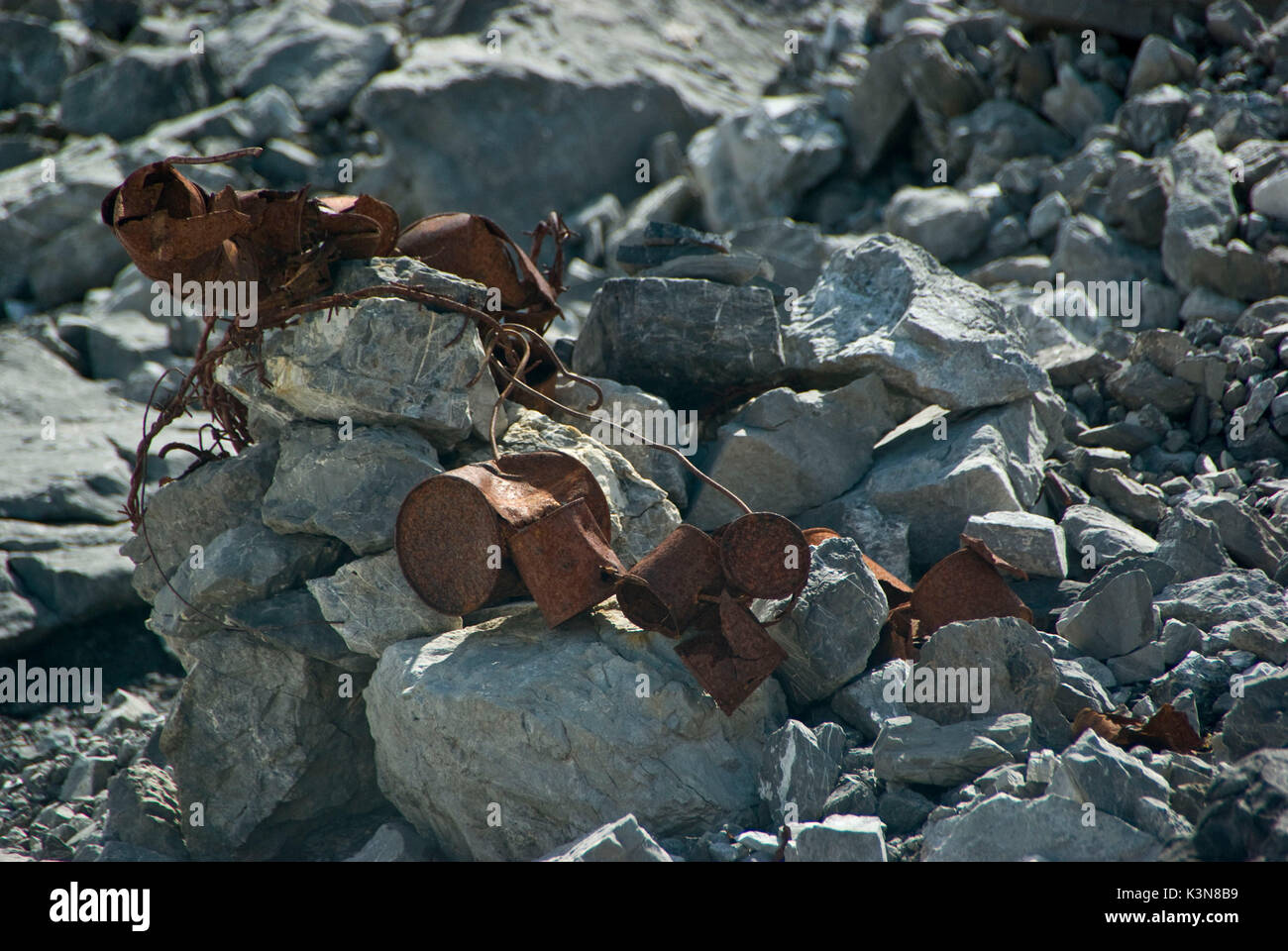 I resti delle scatole di latta, parte della razione di soldati italiani durante la Grande Guerra,adandoned sulle rocce di Santa Caterian Valfurva. Sondrio, Lombardia, Italia Foto Stock