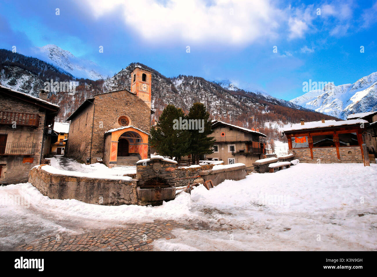 Val Varaita, Chianale village, Distretto di Cuneo, Piemonte, Italia Foto Stock