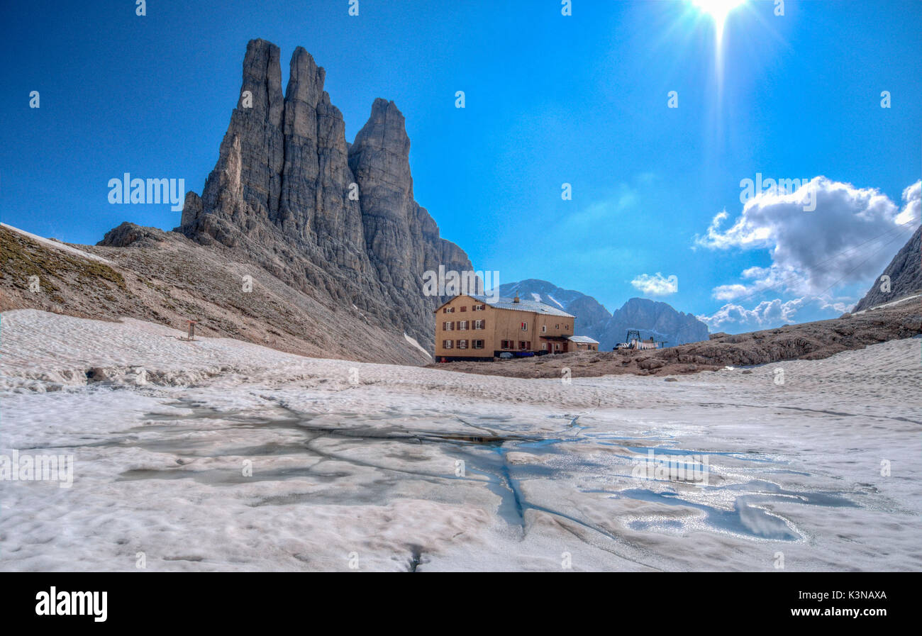 L'Italia, Trentino Dolomiti, il Re Alberto capanna e le Torri del Vajolet mountain range Foto Stock