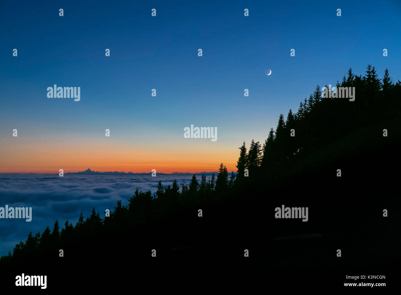 Vista del Monviso da Bielmonte con mare nuvole (Bielmonte, Veglio, provincia di Biella, Piemonte, Italia, Europa) Foto Stock