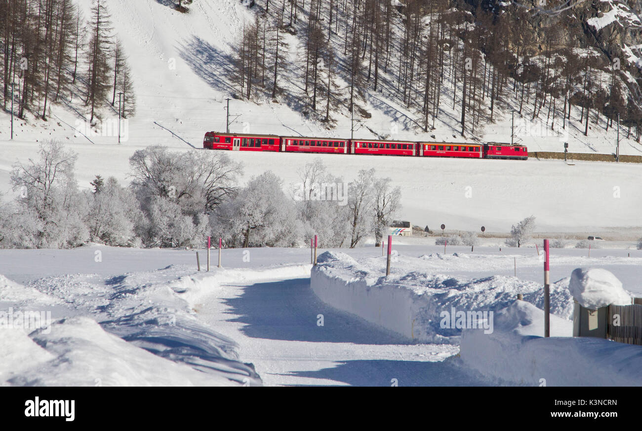 L'Europa, Svizzera Engadina. Trenino Rosso del Bernina in inverno Foto Stock