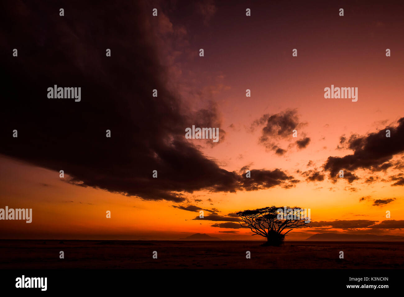 Il Parco di Amboseli,Kenya,Africa un classico tramonto Africano, con i suoi colori caldi Foto Stock