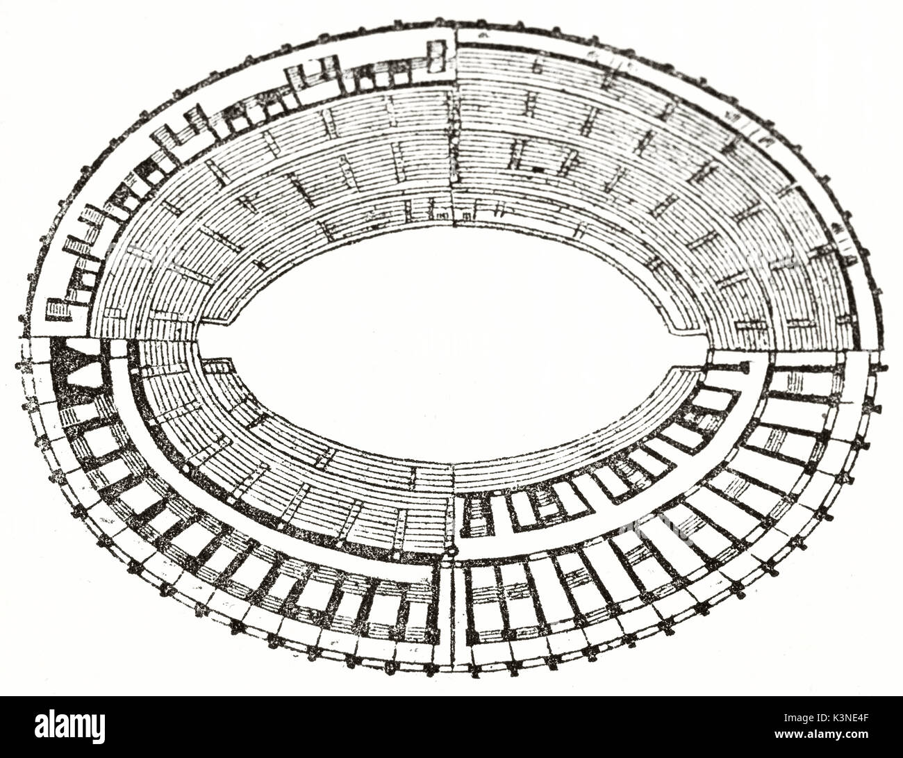 Il vecchio piano dell'arena di Nimes anfiteatro romano, Francia. Vista superiore e l'elemento isolato su sfondo bianco da autore non identificato pubblicato il Magasin pittoresco Parigi 1839 Foto Stock