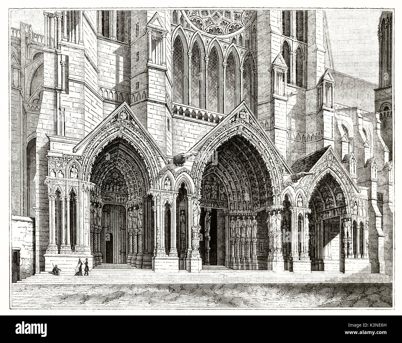 Vecchio vista del nord del grande portale con archi a sesto acuto riccamente decorata della cattedrale di Chartres in Francia. Creato da Andrew Best e Leloir publ. su Magasin pittoresco Parigi 1839 Foto Stock