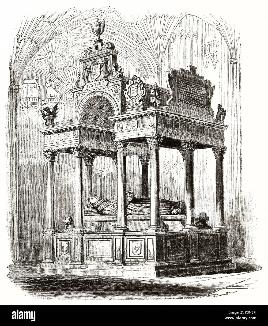 Vecchia incisa la riproduzione della Regina Elisabetta I tomba nella Westminster Abbey Inghilterra. Da autore non identificato pubblicato il Magasin pittoresco Paris1839 Foto Stock