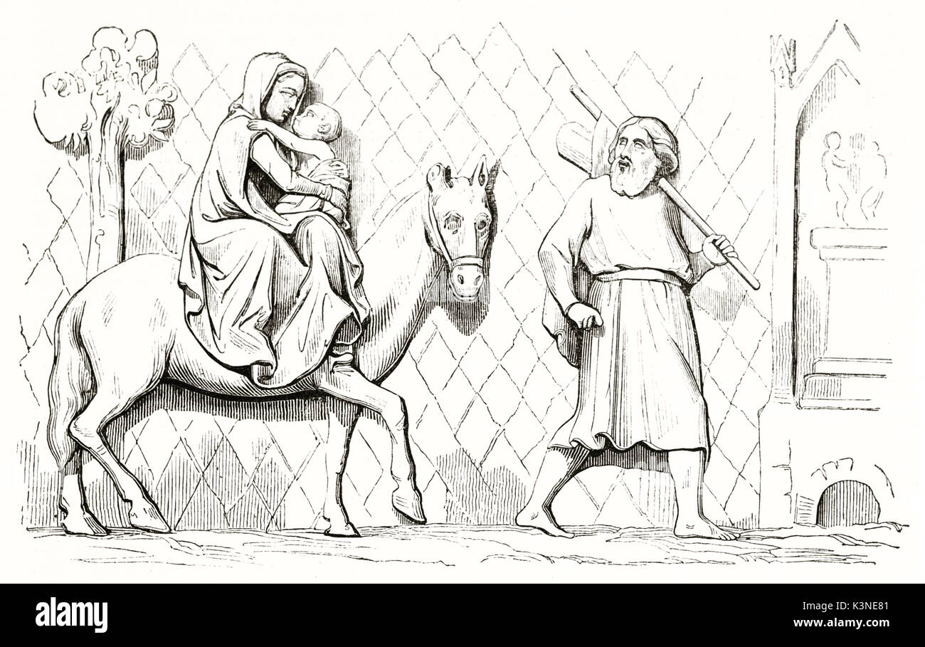 Donna su un cavallo con il suo bambino dietro un uomo che conduce a piedi. Vecchia riproduzione di un bassorilievo in Notre-dame de Paris raffigurante la fuga in Egitto. Magasin pittoresco Parigi 1839 Foto Stock