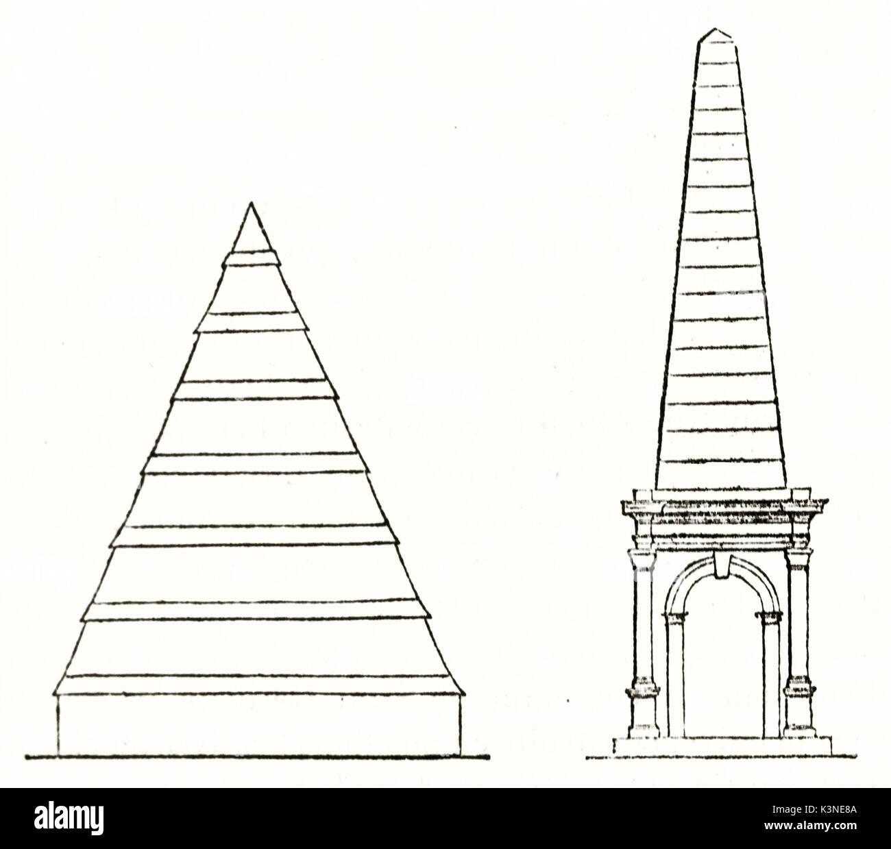Due antiche Dettagli schema di architettura funeraria. Forma piramidale e obelisco forma con un arco di base. Da autore non identificato, publ. su Magasin pittoresco, Parigi, 1839 Foto Stock