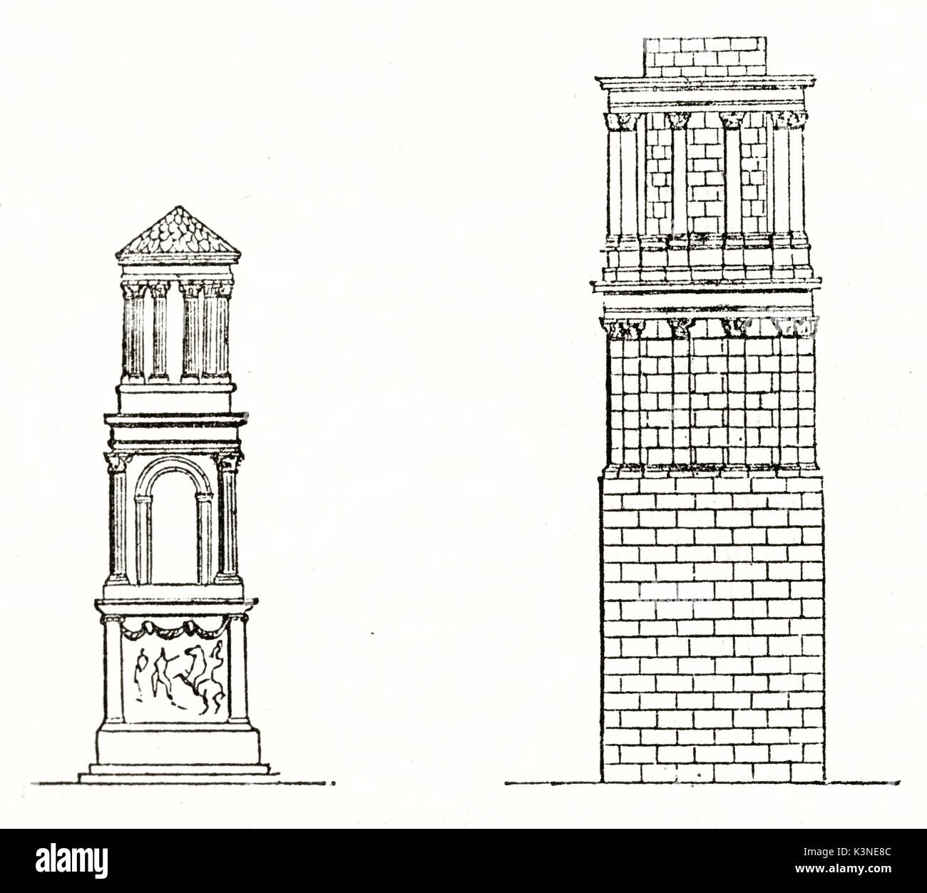 Due antiche Dettagli schema di architettura funeraria basato sulla forma a torre. Da autore non identificato, publ. su Magasin pittoresco, Parigi, 1839 Foto Stock