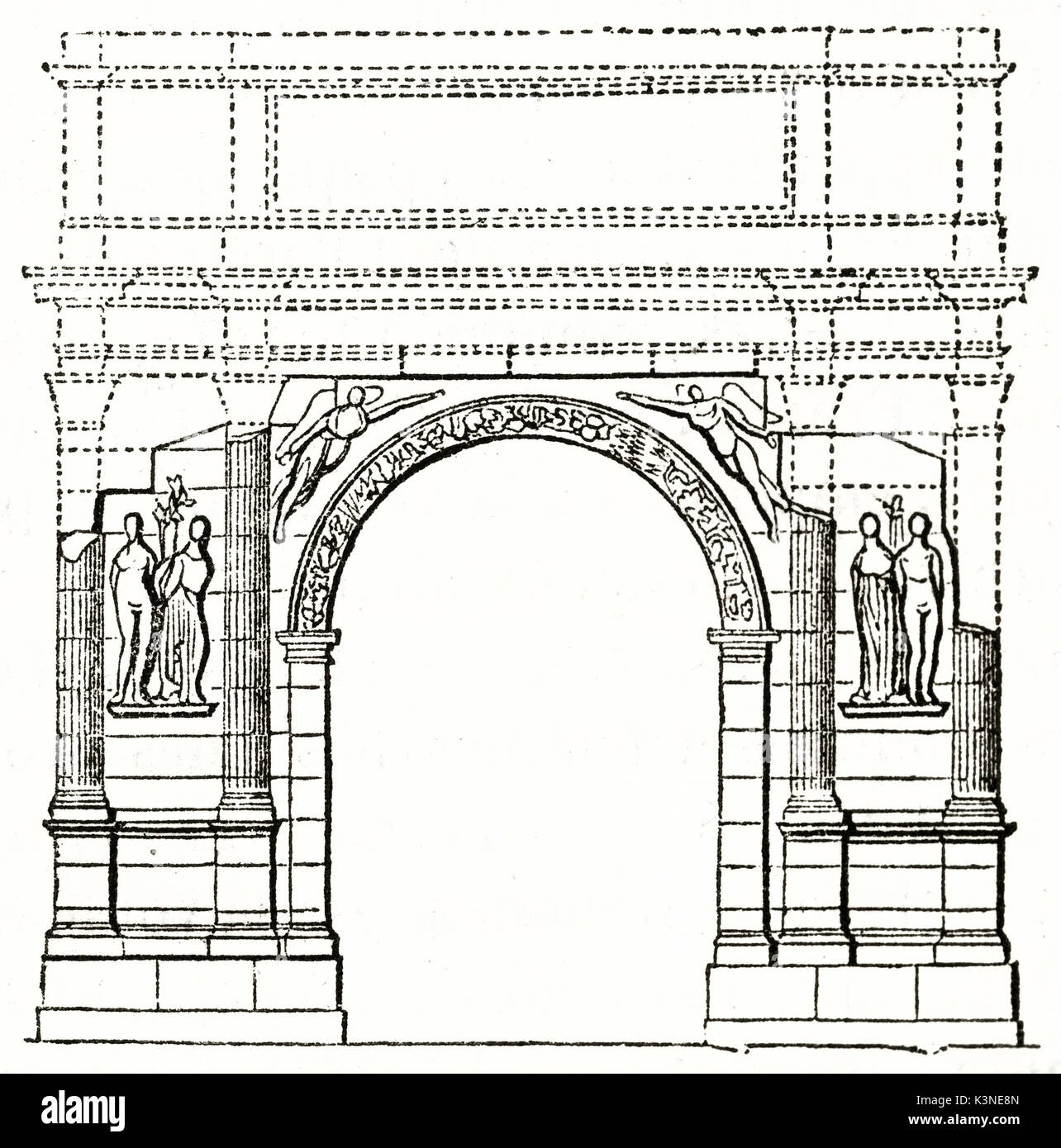 Lo scheletro che giace sepolto in un antico tedesco tomba con vasi e altri oggetti. Vecchia incisa la riproduzione di una tomba tedesca. Dopo il disegno di Sevres fabbricazione, Magasin pittoresco Parigi 1839 Foto Stock