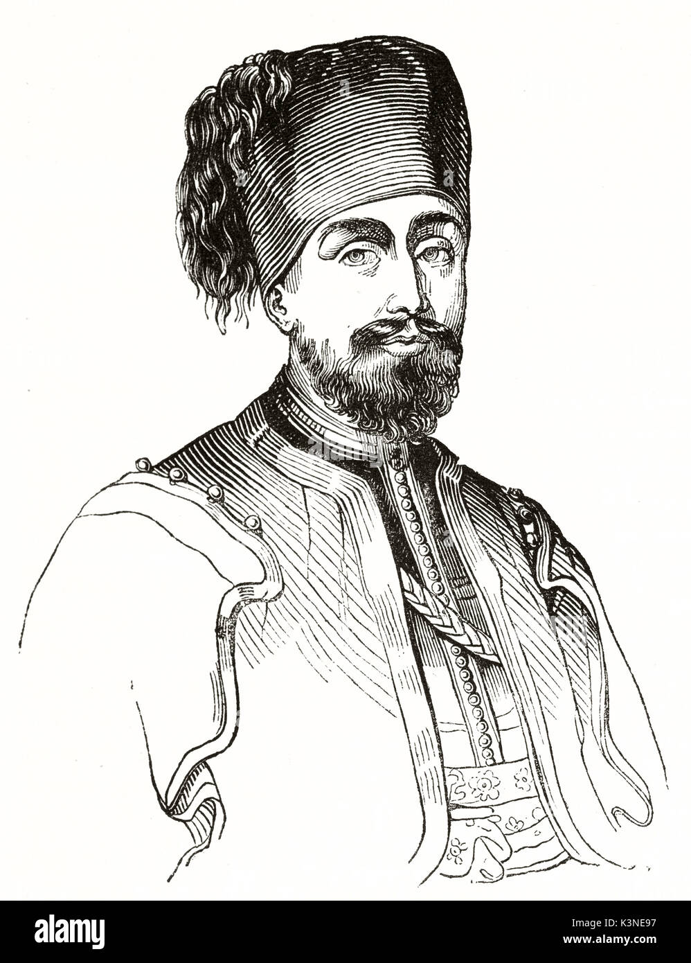 Il vecchio bianco e nero ritratto inciso di busto di Ibrahim Pascià (1789 - 1848) dominatore di Egitto e Sudan nel suo tradizionale ed elegante uniforme. Da autore non identificato su Magasin pittoresco Parigi 1839 Foto Stock
