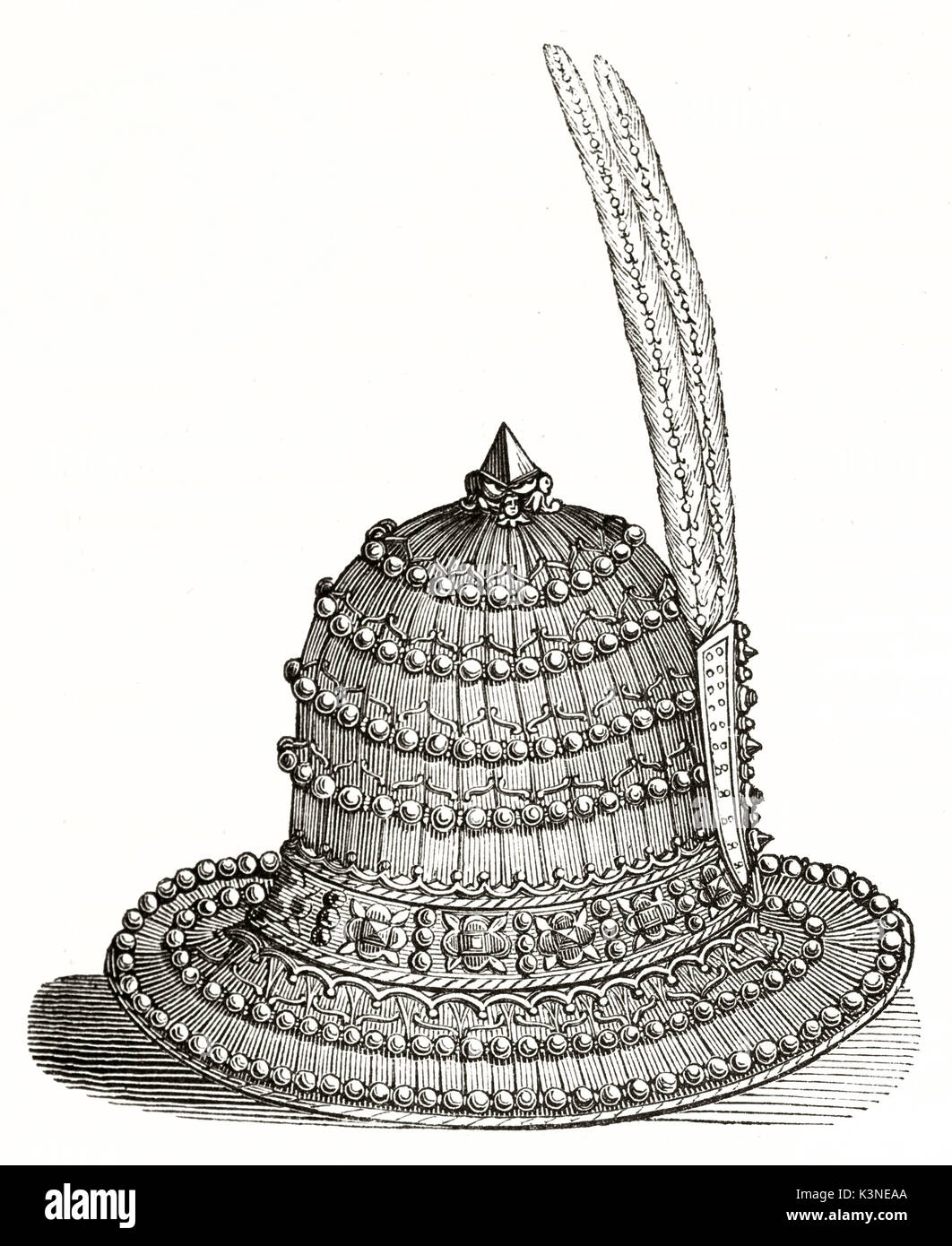 Antica ricca di dettagliate cappuccio decorate isolati su sfondo bianco. Il tappo perduto di Carlo il Temerario in nipote battaglia. Dopo incisione nella collezione Henning pubblicato il Magasin pittoresco Parigi 1839 Foto Stock