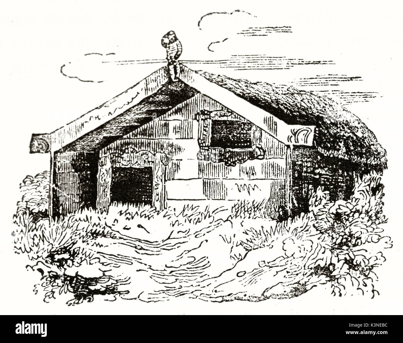 Il vecchio ruvido illustrazione della nuova zelanda casa all'aperto in campagna. Da autore non identificato pubblicato il Magasin pittoresco Parigi 1839 Foto Stock