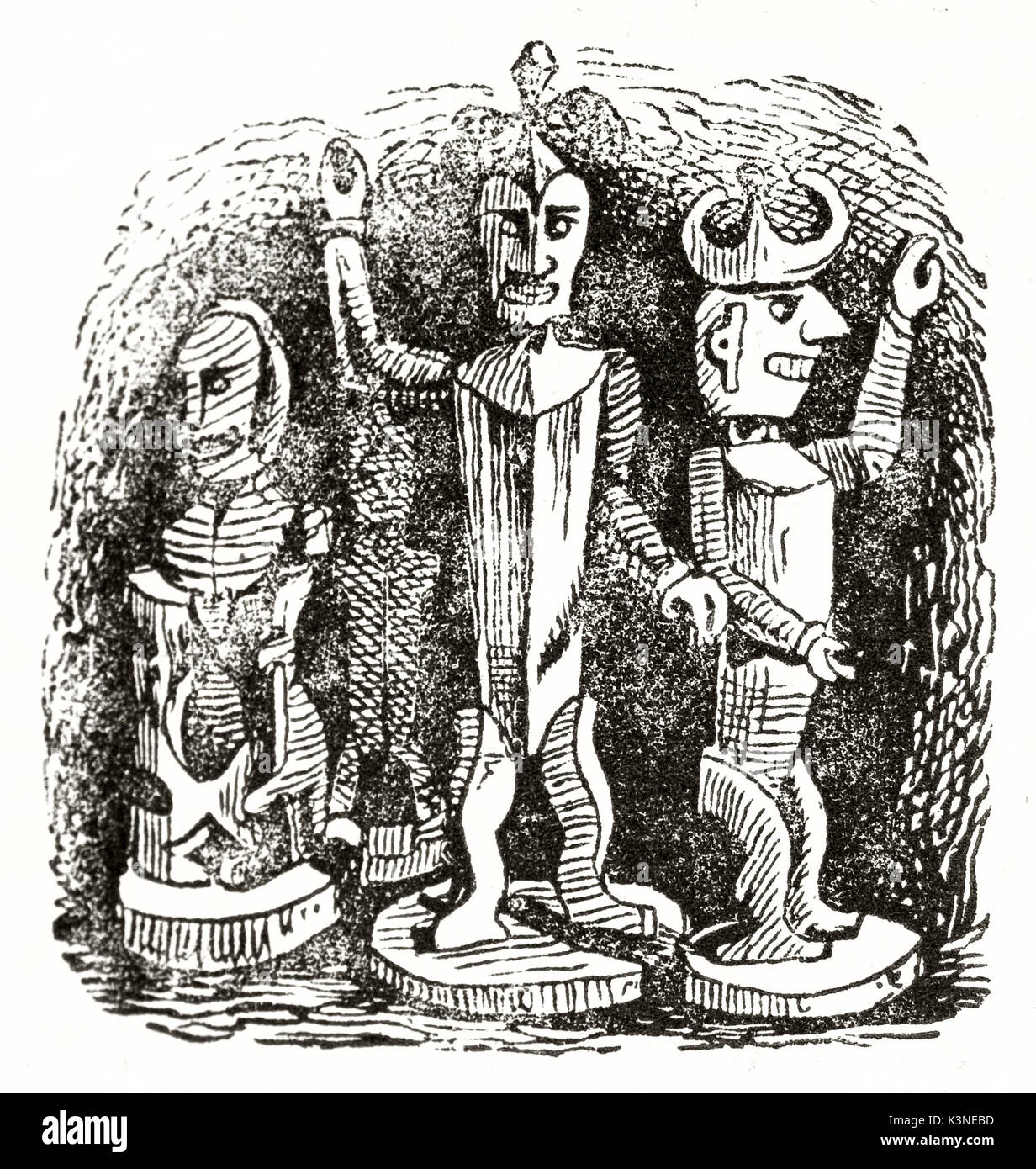 Il vecchio ruvido illustrazione di tre piccoli Nuova Zelanda idoli scolpiti statuette. Da autore non identificato pubblicato il Magasin pittoresco Parigi 1839 Foto Stock