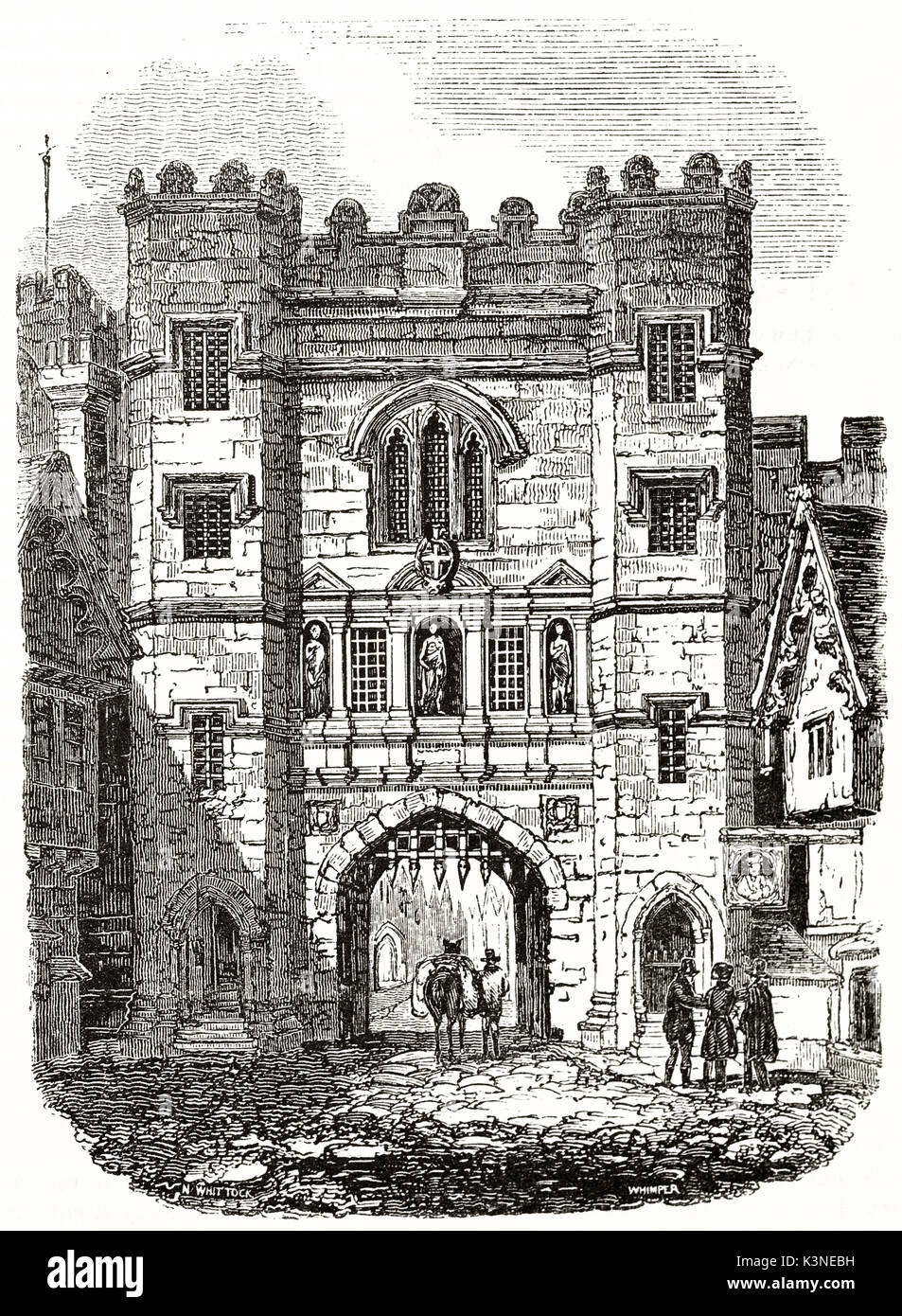 Antica vista frontale di Newgate porta vecchia prigione e a Londra, alta pesante pietra forte edificio medievale. Creato da Wittock e Wimper pubblicato il Magasin pittoresco Parigi 1839 Foto Stock