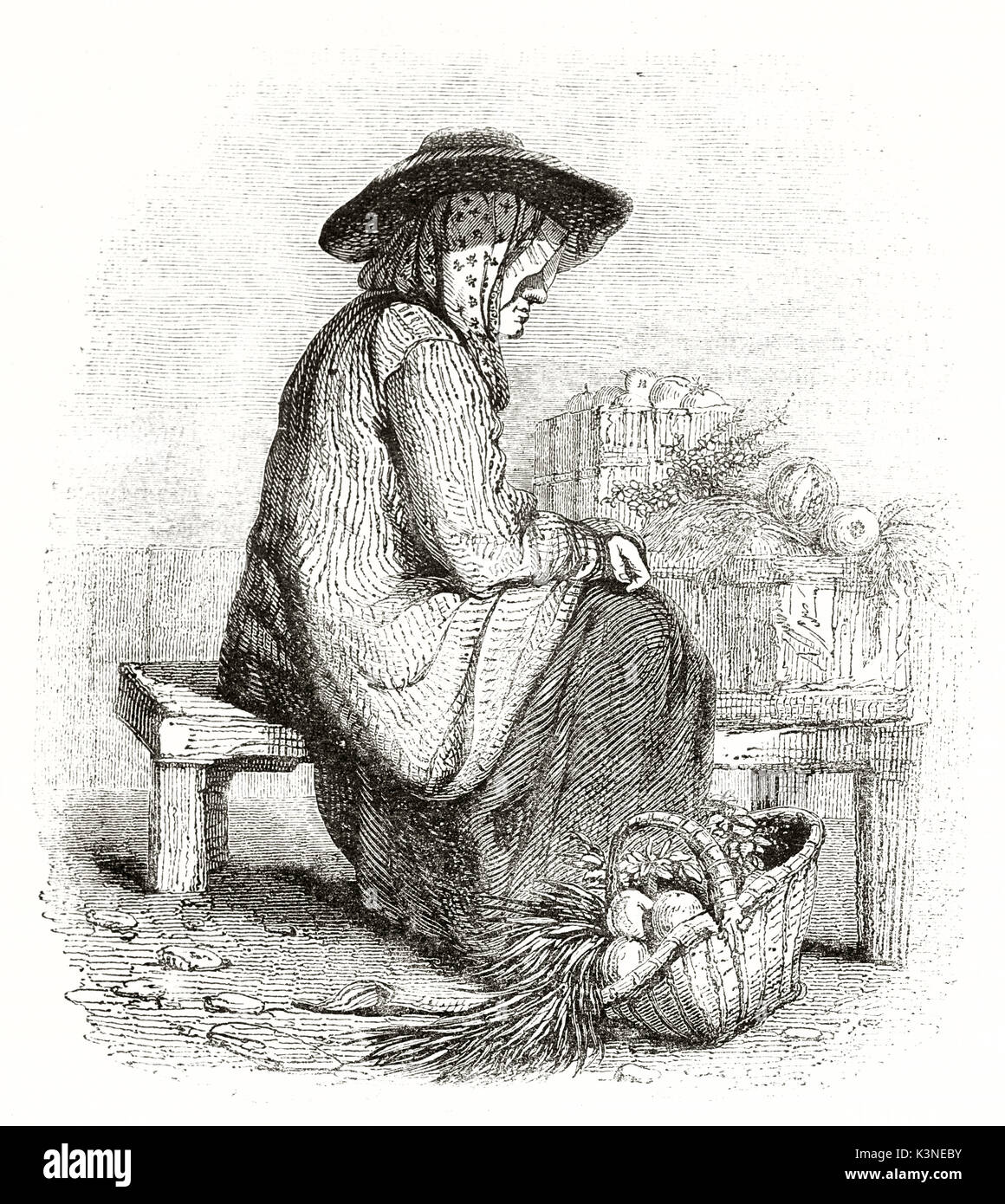 Vecchia illustrazione di un Normand contadino seduto vicino a un cesto pieno di verdure in costume tradizionale. Da autore non identificato pubblicato il Magasin pittoresco Parigi 1839 Foto Stock