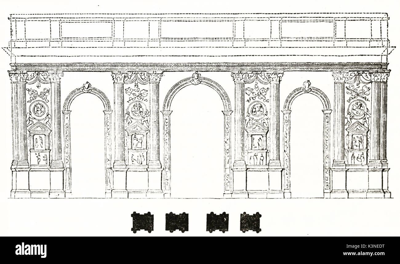 Antica anteriore inciso la riproduzione delle Porte Mars arco trionfale di Reims in Francia. Tipico stile classico portale della città con archi e colonne. Da autore non identificato, Magasin pittoresco Parigi 1839 Foto Stock